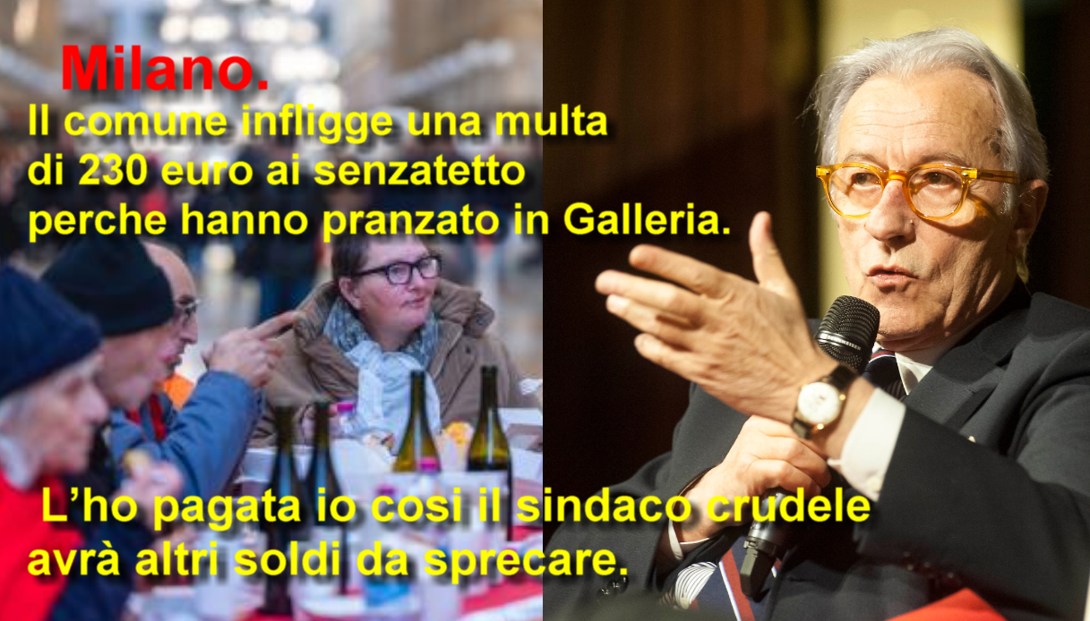 Milano.Multa al pranzo dei clochard in Galleria, Feltri: “La pago io”. Ma il presidente Pro Tetto: “No, dovere mio”